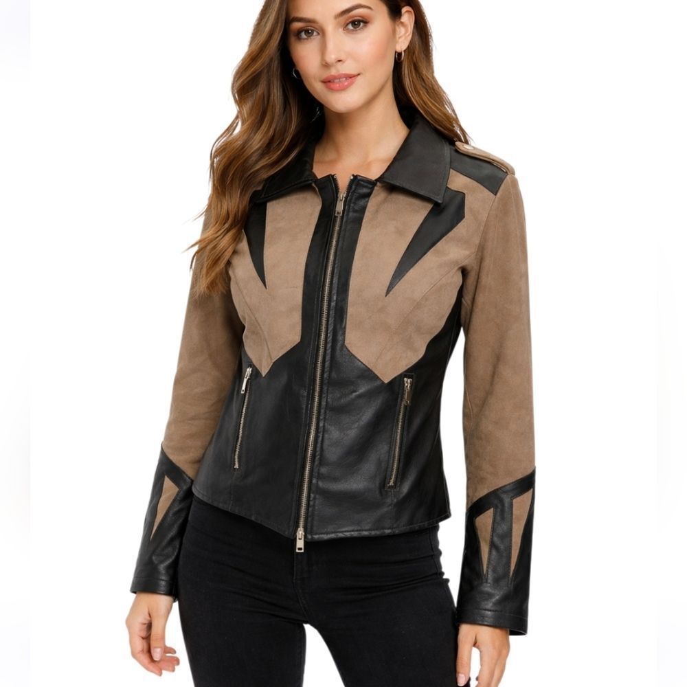 Donna Salyers Fabulous Furs Suede and Faux Leather Moto Jacket Size Large